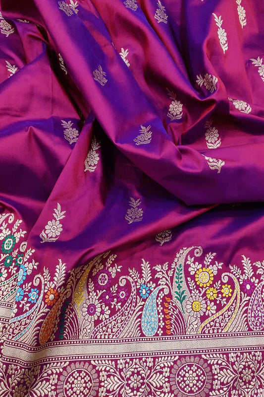 Exquisite Purple Handloom Banarasi Pure Katan Silk Meenakari Saree - Luxurion World