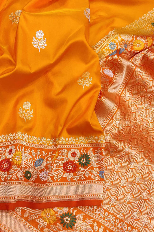 Yellow Handloom Banarasi Pure Katan Silk Meenakari Flower Design Saree - Luxurion World