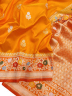Yellow Handloom Banarasi Pure Katan Silk Meenakari Flower Design Saree - Luxurion World