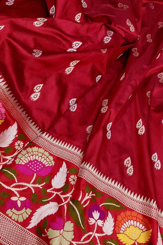 Exquisite Red Handloom Banarasi Pure Katan Silk Meenakari Saree - Luxurion World
