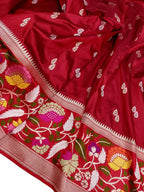 Exquisite Red Handloom Banarasi Pure Katan Silk Meenakari Saree - Luxurion World