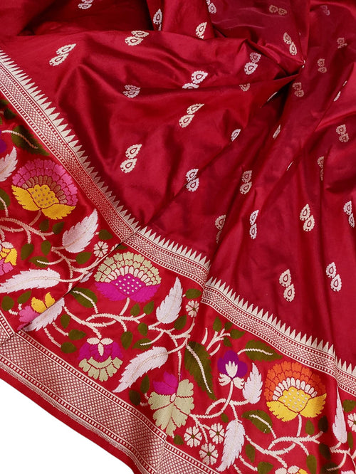 Exquisite Red Handloom Banarasi Pure Katan Silk Meenakari Saree - Luxurion World
