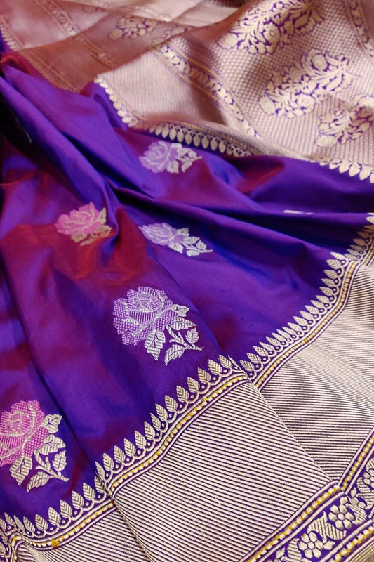 Exquisite Purple Handloom Banarasi Pure Katan Silk Flower Design Meenakari Saree - Luxurion World