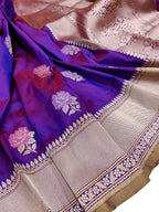 Exquisite Purple Handloom Banarasi Pure Katan Silk Flower Design Meenakari Saree - Luxurion World