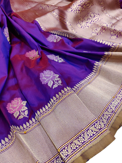 Exquisite Purple Handloom Banarasi Pure Katan Silk Flower Design Meenakari Saree - Luxurion World