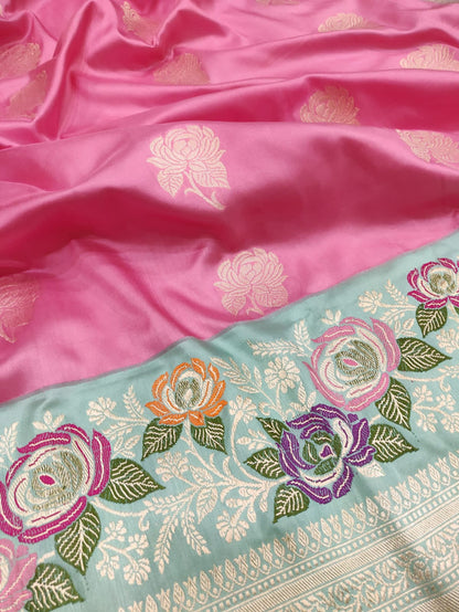 Exquisite Pink Handloom Banarasi Pure Katan Silk Flower Design Saree - Luxurion World