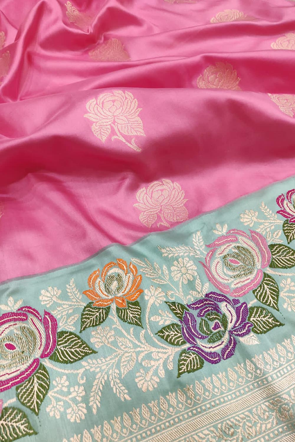 Exquisite Pink Handloom Banarasi Pure Katan Silk Flower Design Saree - Luxurion World