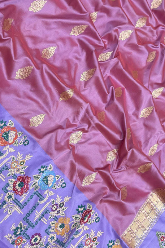 Pink Handloom Banarasi Pure Katan Silk Flower Design Meenakari Saree - Luxurion World