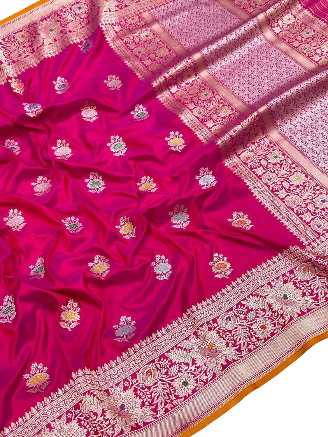Pink Handloom Banarasi Pure Katan Silk Flower Design Meenakari Saree - Luxurion World