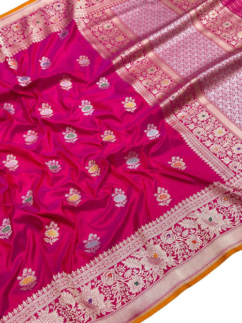 Pink Handloom Banarasi Pure Katan Silk Flower Design Meenakari Saree - Luxurion World