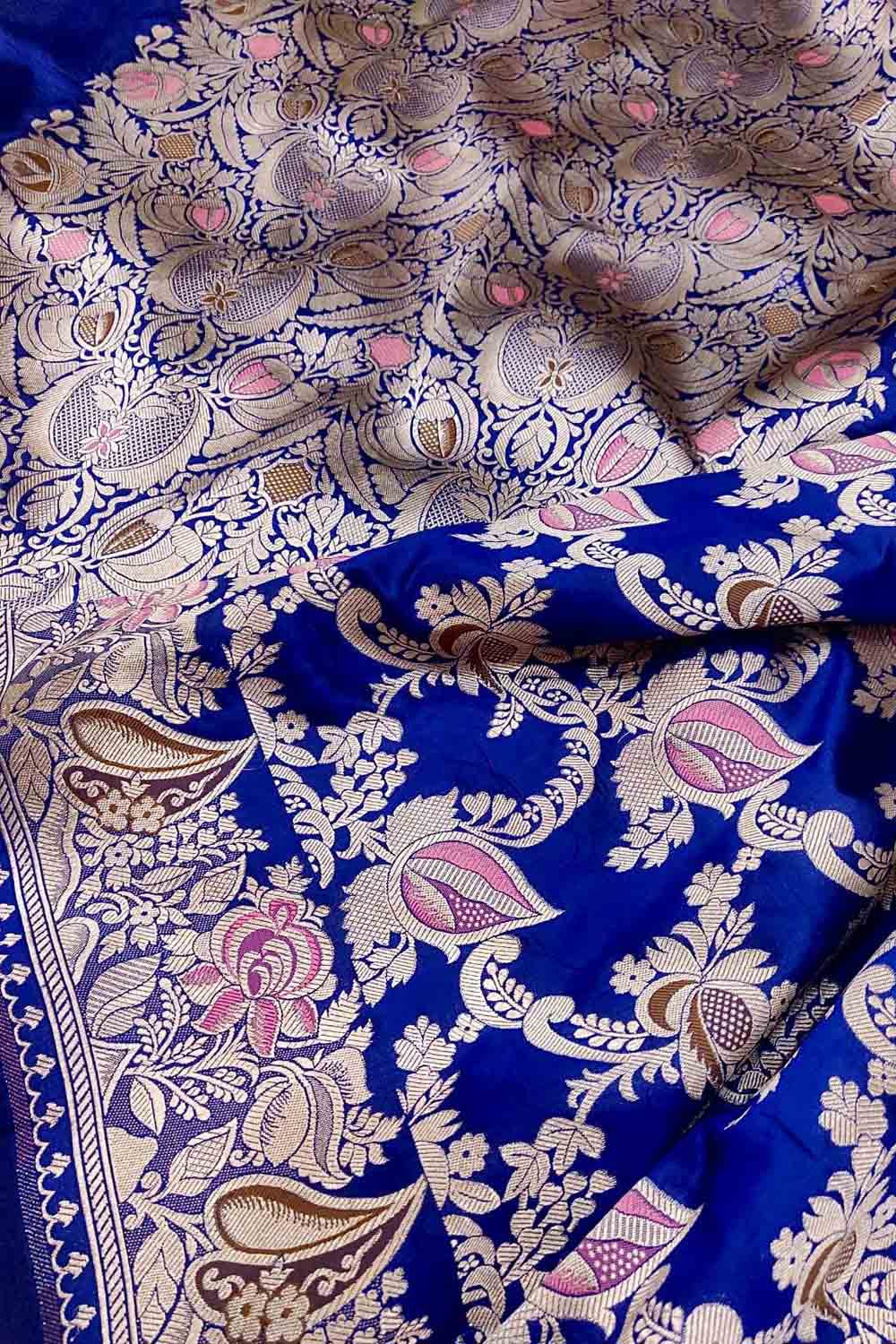 Blue Handloom Banarasi Pure Katan Silk Flower Design Saree - Luxurion World