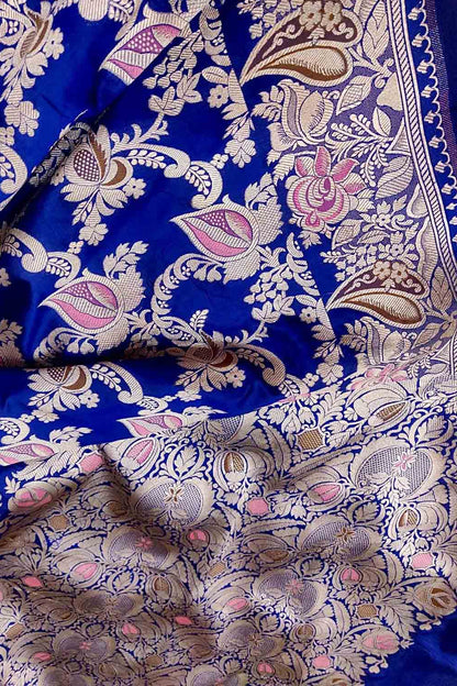 Blue Handloom Banarasi Pure Katan Silk Saree with Flower Design