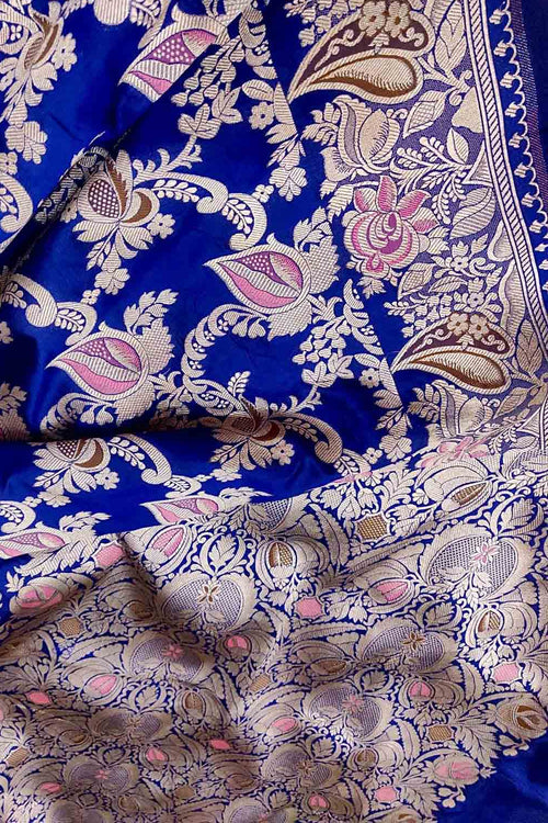 Blue Handloom Banarasi Pure Katan Silk Flower Design Saree - Luxurion World