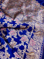 Blue Handloom Banarasi Pure Katan Silk Flower Design Saree - Luxurion World