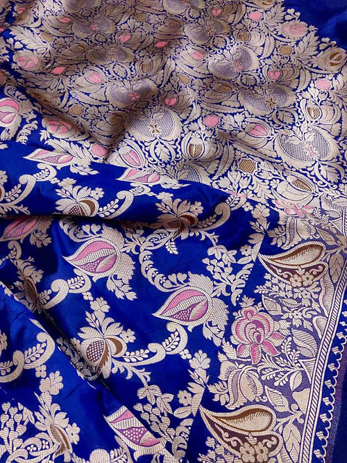 Blue Handloom Banarasi Pure Katan Silk Flower Design Saree - Luxurion World