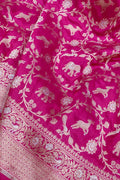 Pink Handloom Banarasi Pure Katan Silk Shikargah Animal Design Saree - Luxurion World