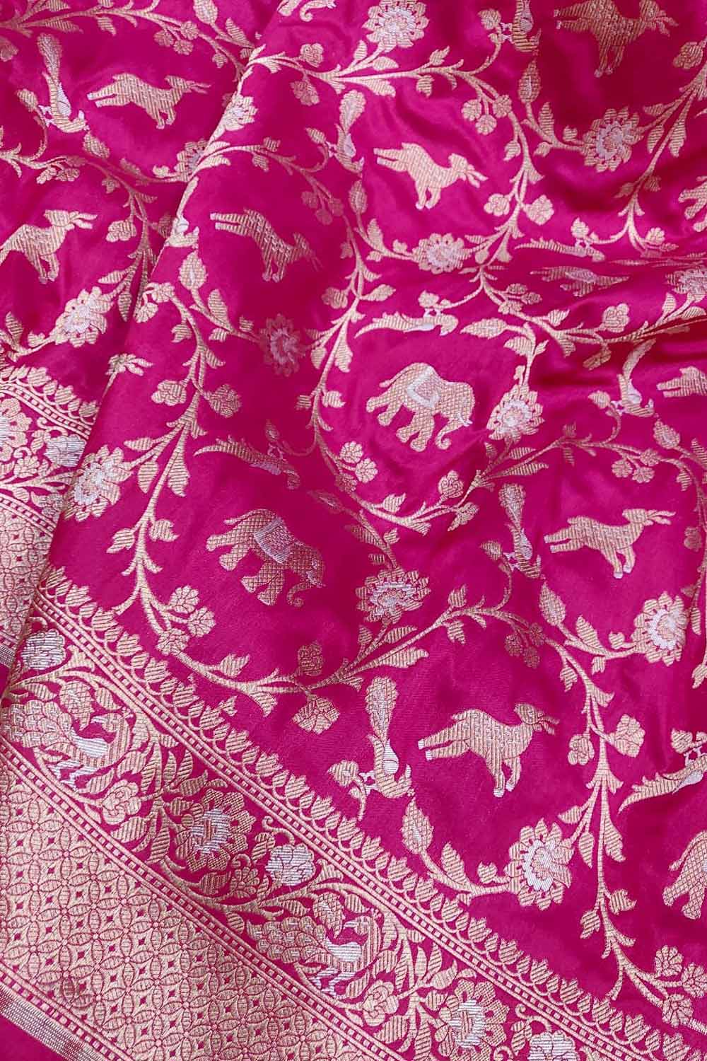 Pink Handloom Banarasi Pure Katan Silk Shikargah Animal Design Saree - Luxurion World