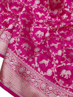 Pink Handloom Banarasi Pure Katan Silk Shikargah Animal Design Saree - Luxurion World