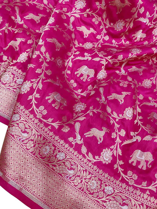 Pink Handloom Banarasi Pure Katan Silk Shikargah Animal Design Saree - Luxurion World