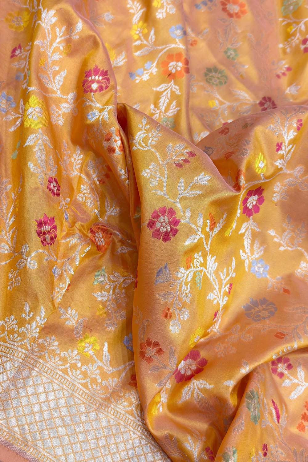 Yellow Handloom Banarasi Pure Katan Silk Meenakari Flower Design Saree - Luxurion World