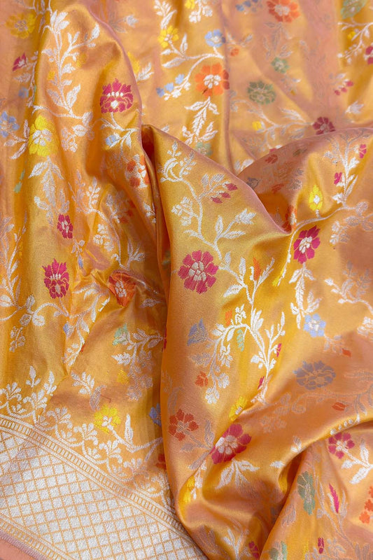 Yellow Handloom Banarasi Silk Meenakari Flower Saree