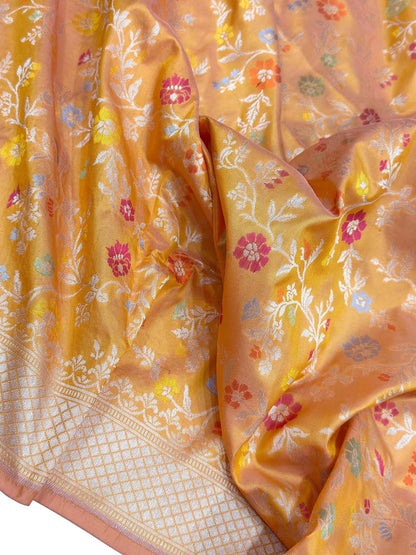 Yellow Handloom Banarasi Silk Meenakari Flower Saree