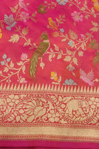 Pink Handloom Banarasi Pure Katan Silk Meenakari Bird Design Saree - Luxurion World