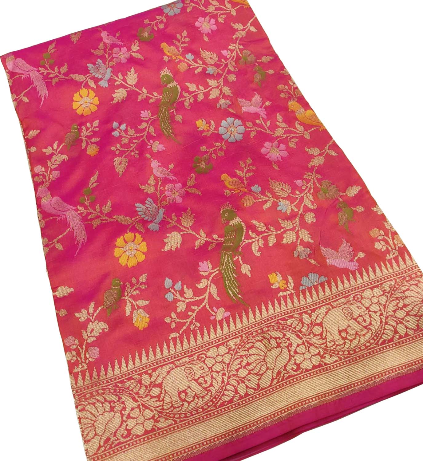 Pink Handloom Banarasi Pure Katan Silk Meenakari Bird Design Saree - Luxurion World