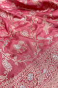Pink Handloom Banarasi Pure Katan Silk Shikargah Animal Design Saree - Luxurion World