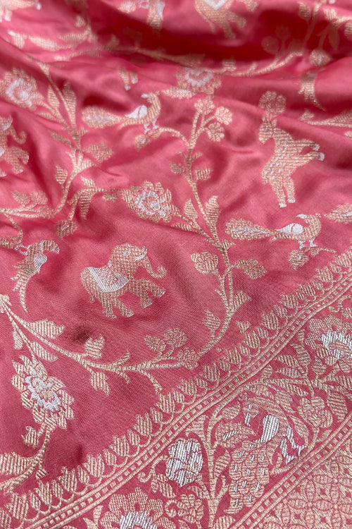 Pink Handloom Banarasi Pure Katan Silk Shikargah Animal Design Saree - Luxurion World