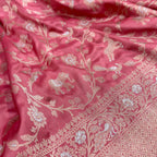 Pink Handloom Banarasi Pure Katan Silk Shikargah Animal Design Saree - Luxurion World
