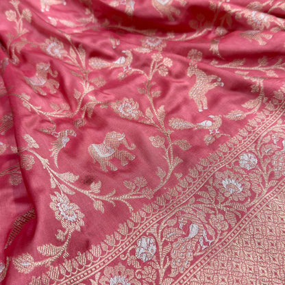 Exquisite Pink Handloom Banarasi Silk Saree with Animal Design