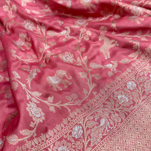 Pink Handloom Banarasi Pure Katan Silk Shikargah Animal Design Saree - Luxurion World