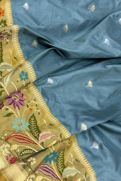 Blue Handloom Banarasi Pure Katan Silk Flower Design Meenakari Saree