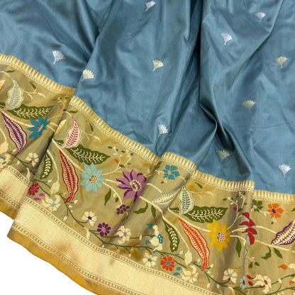 Blue Handloom Banarasi Pure Katan Silk Flower Design Meenakari Saree