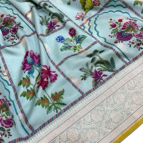 Blue Handloom Banarasi Pure Katan Silk Flower Design Saree - Luxurion World