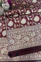 Elegant Maroon Handloom Banarasi Pure Katan Silk Jaal Work Flower Design Saree - Luxurion World