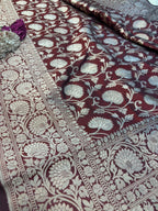 Elegant Maroon Handloom Banarasi Pure Katan Silk Jaal Work Flower Design Saree - Luxurion World