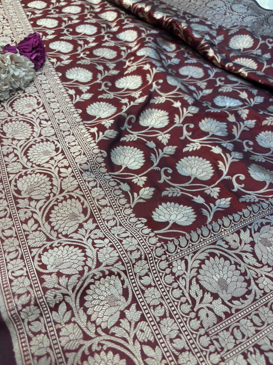 Elegant Maroon Handloom Banarasi Pure Katan Silk Jaal Work Flower Design Saree - Luxurion World