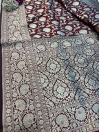 Elegant Maroon Handloom Banarasi Pure Katan Silk Jaal Work Flower Design Saree - Luxurion World