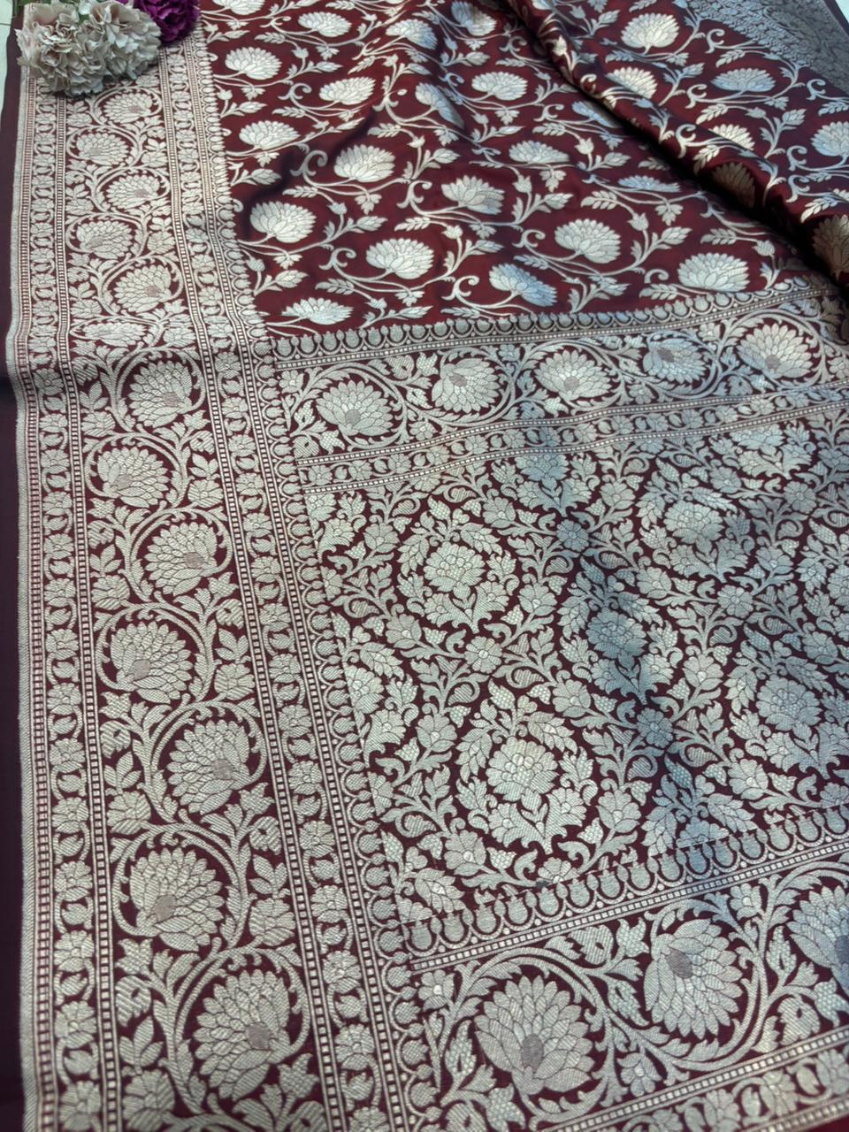 Elegant Maroon Handloom Banarasi Pure Katan Silk Jaal Work Flower Design Saree - Luxurion World