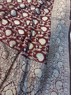 Elegant Maroon Handloom Banarasi Pure Katan Silk Jaal Work Flower Design Saree - Luxurion World
