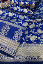Exquisite Blue Handloom Banarasi Pure Katan Silk Flower Design Saree - Luxurion World