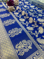 Exquisite Blue Handloom Banarasi Pure Katan Silk Flower Design Saree - Luxurion World