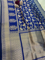 Exquisite Blue Handloom Banarasi Pure Katan Silk Flower Design Saree - Luxurion World