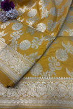 Yellow Handloom Banarasi Pure Katan Silk Flower Design Saree - Luxurion World
