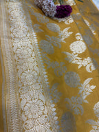 Yellow Handloom Banarasi Pure Katan Silk Flower Design Saree - Luxurion World