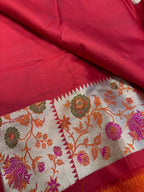 Exquisite Red Handloom Banarasi Pure Katan Silk Flower Design Meenakari Saree - Luxurion World