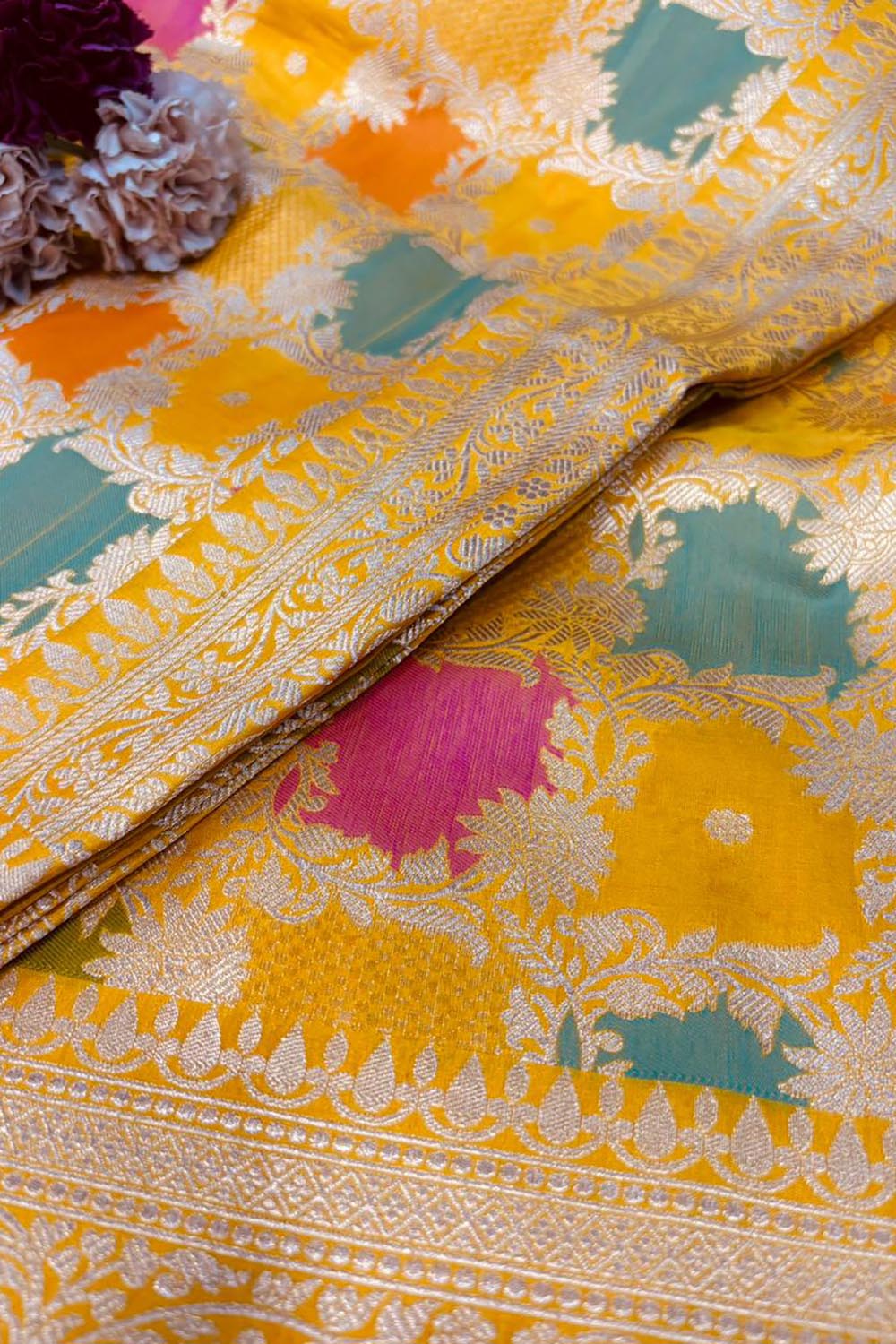 Yellow Handloom Banarasi Pure Katan Silk Flower Design Meenakari Saree - Luxurion World