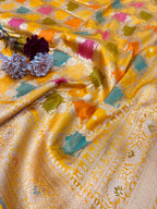 Yellow Handloom Banarasi Pure Katan Silk Flower Design Meenakari Saree - Luxurion World